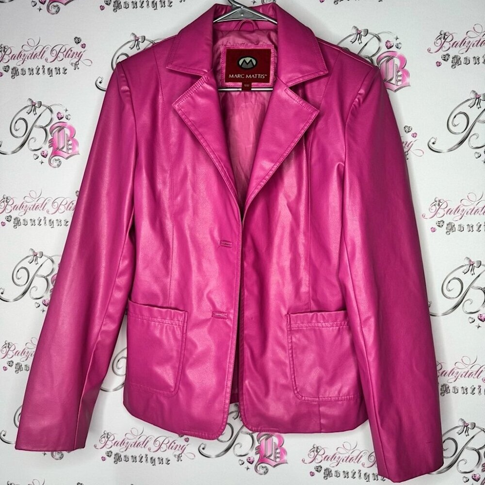 Marc Mattis coat jacket pleather shiny Pink Blazer pockets collar spring fall